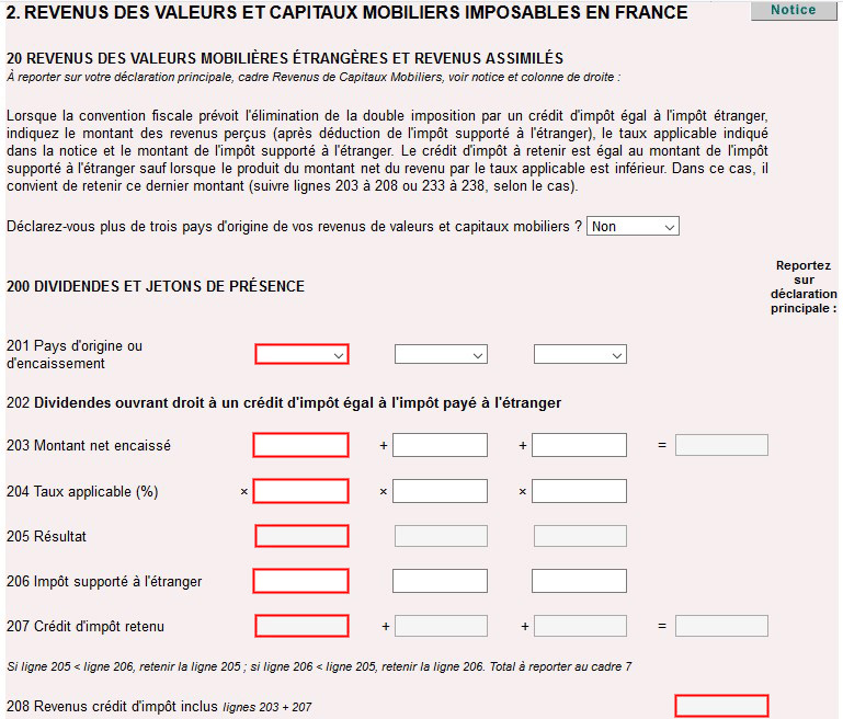 Declaration 2047, revenus des valeurs et capitaux mobiliers imposables en france