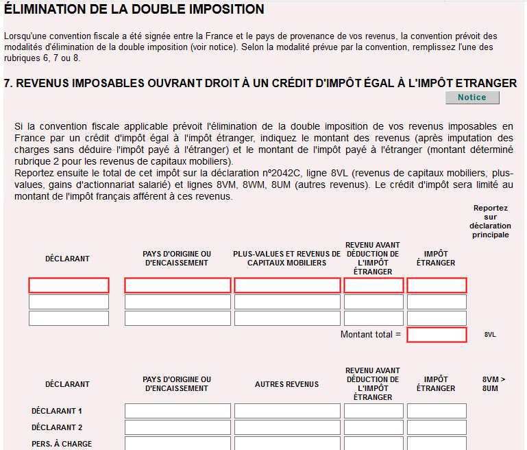 Declaration 2047, revenus imposables ouvrant droit a un credit d impot egal à l'impot etranger