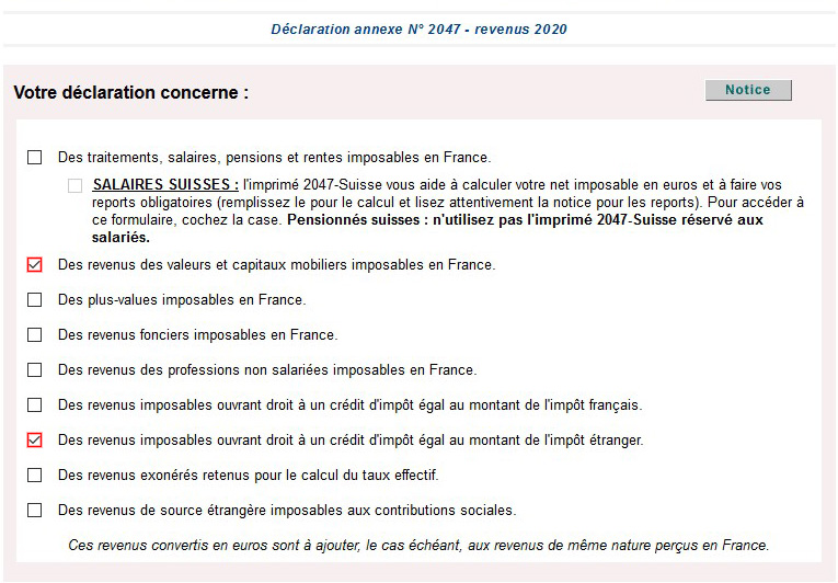 Liste des categories de la declarations 2047